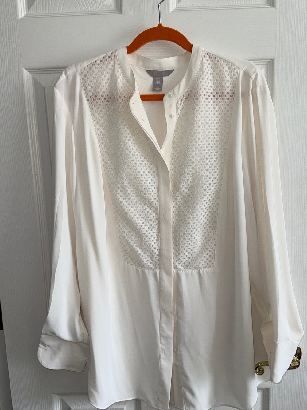 H&M cream eyelet bib blouse, mandarin collar, size XL